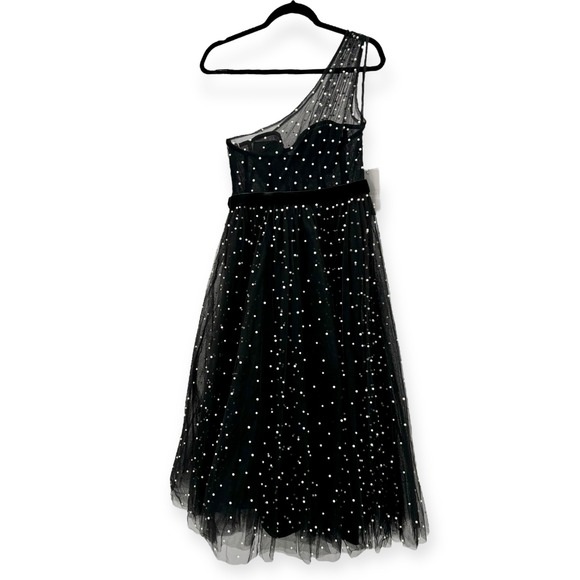 NWT Mac Duggal Black One Shoulder Pearl Beaded Tulle Velvet Midi Ballgown Size 8 - Picture 11 of 15